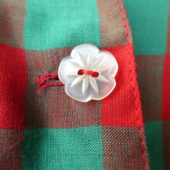 Vintage Blues Paris Red Green Check Crop Top Tie Waist Flower Buttons France M - Picture 2 of 9